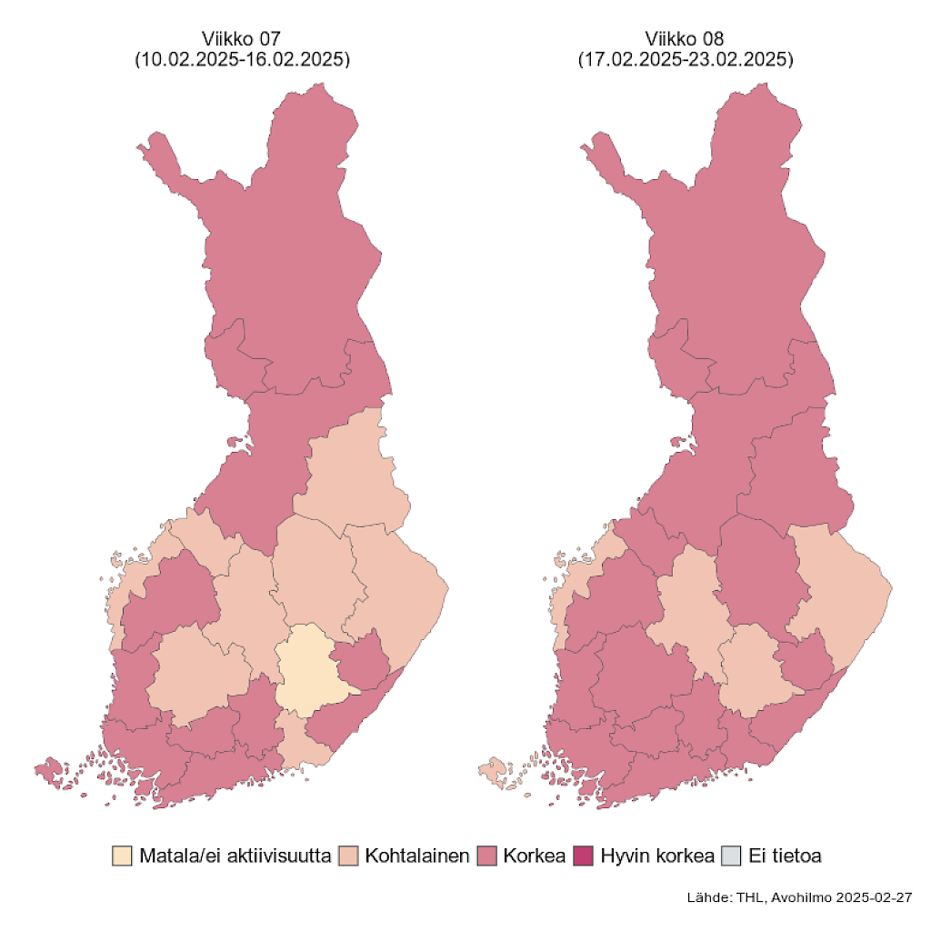 Influenssatapausten terveyskeskuskäynnit alueittain.